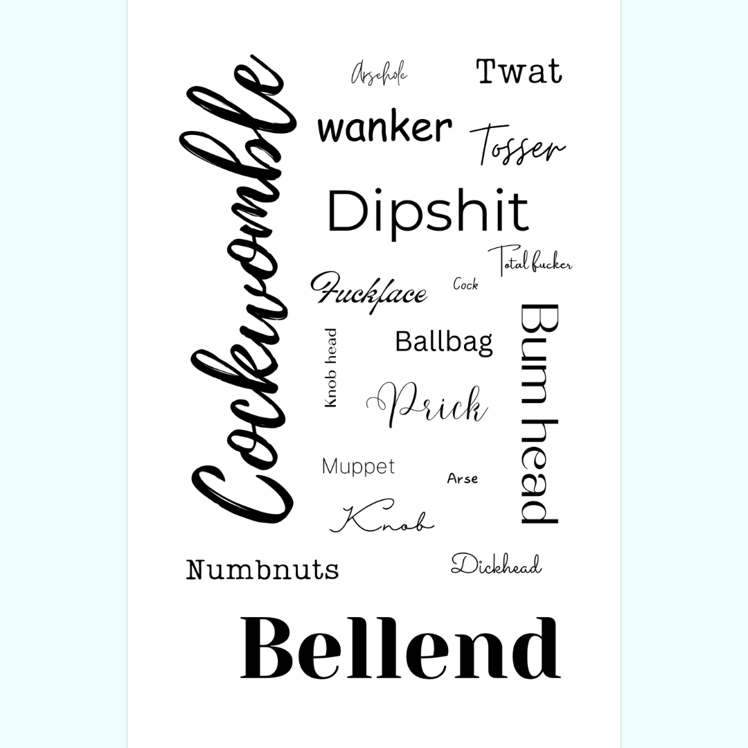 a computer graphic of a ta towel design. A white background covered in grey wording, a selection of swear words in different fonts