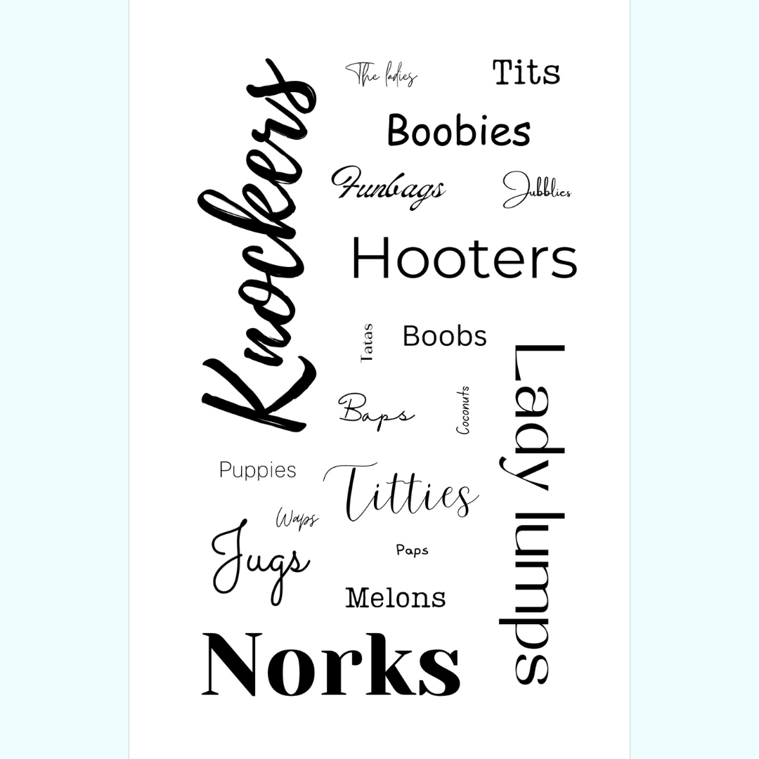 A computer graphic of a tea towels design. A white background with grey text, featuring synoyms for breasts